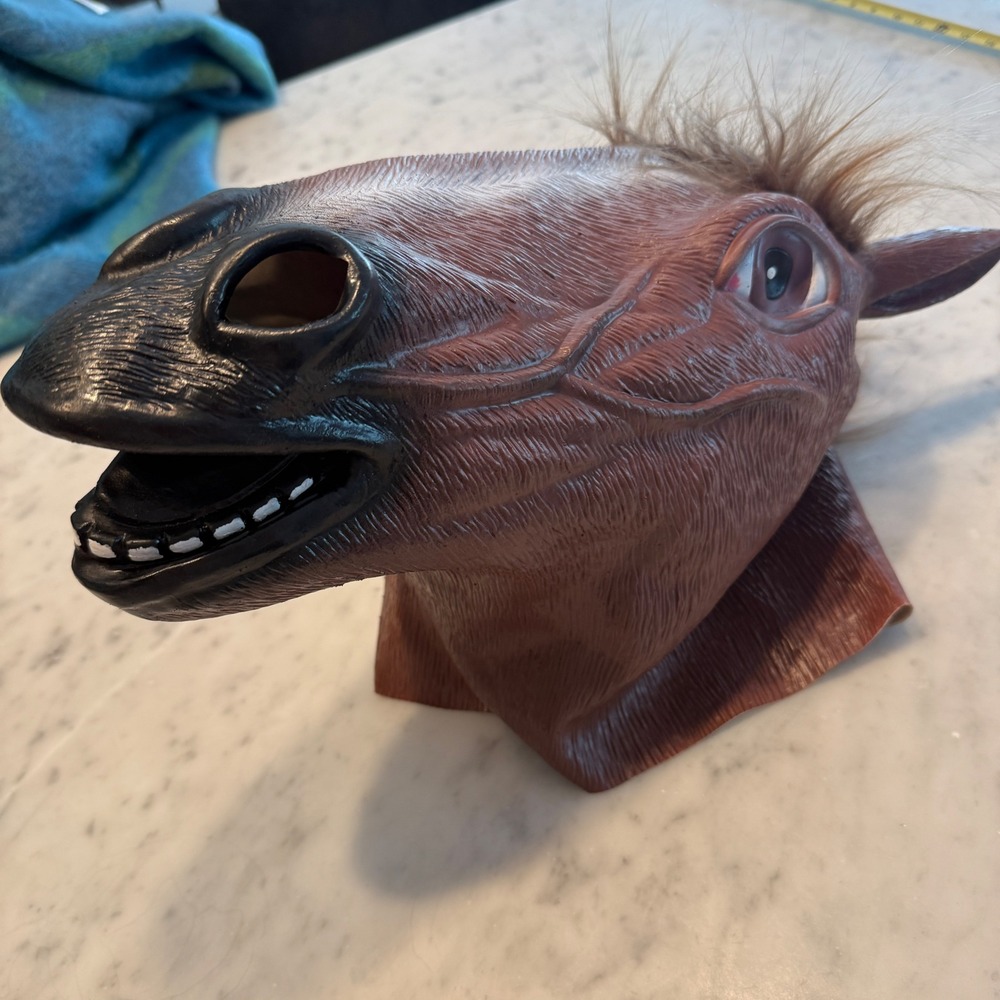 Realistic Brown Horse Head Mask Latex Rubber Faux Fur Mane Novelty Costume Meme